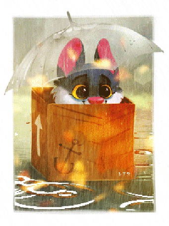 Анимация Зверек сидит в коробке под зонтиком, art by TsaoShin