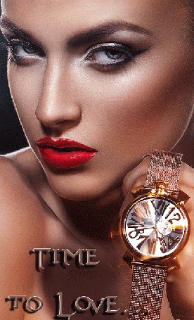 Анимация Гламурная девушка держит в руках часы, Time to Love.(Время чтобы любить)