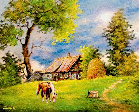 Анимация Деревенский дом, рядом лошадь с жеребенком пасутся, by Leyla
