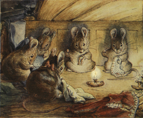 Анимация Мышки штопают одежду при свете свечи, гифка Мышки штопают одежду при свете свечи