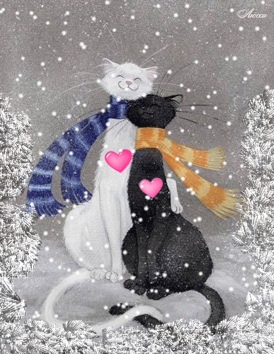 Анимация Две влюбленные кошки в шарфах под снегом, автор Люси, гифка Две влюбленные кошки в шарфах под снегом, автор Люси