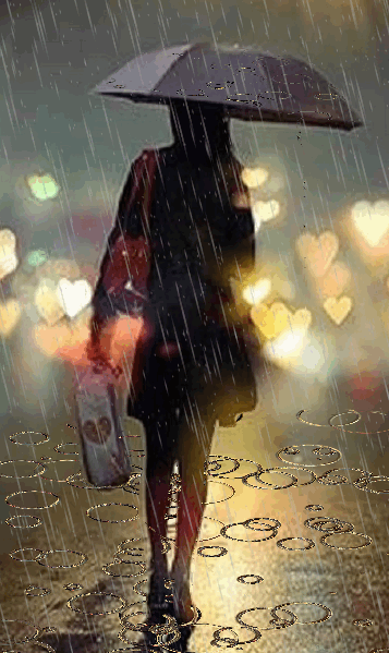 Гиф анимация Девушка с зонтом в вечернем городе под дождем