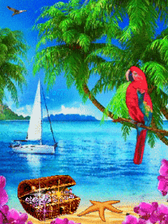 Анимация Райский остров с разноцветным попугаем, сундуком с сокровищами, пальмой, цветами и морем на фоне голубого неба, а777, гифка Райский остров с разноцветным попугаем, сундуком с сокровищами, пальмой, цветами и морем на фоне голубого неба, а777