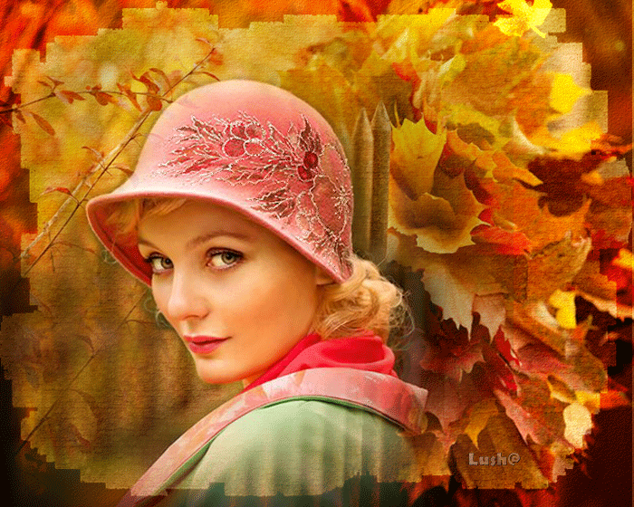 Анимация Портрет девушки в шляпке на фоне золотых листьев, Lush@, гифка Портрет девушки в шляпке на фоне золотых листьев, Lush@