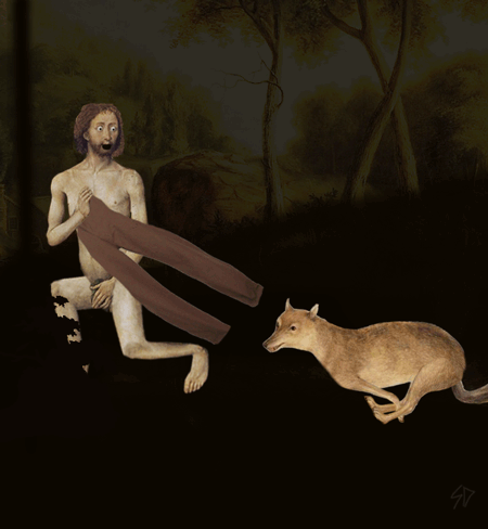 Анимация За мужчиной, который держит в руках свои брюки, бежит волк, гифка За мужчиной, который держит в руках свои брюки, бежит волк
