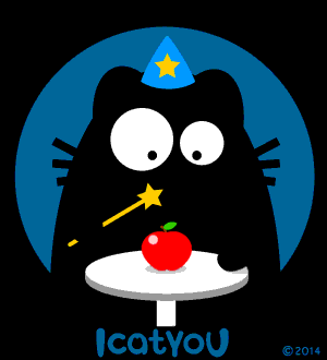 Анимация Черный кот увеличивает и уменьшает яблоко с помощью волшебной палочки (iсatyou), гифка Черный кот увеличивает и уменьшает яблоко с помощью волшебной палочки (iсatyou)