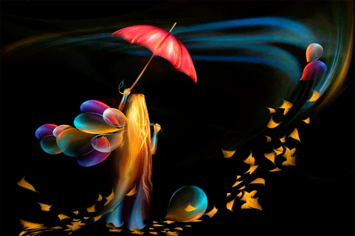Анимация Девочка с воздушными шарами под порывами ветра, гифка Девочка с воздушными шарами под порывами ветра