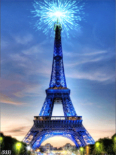 Анимация Эйфелева башня в Париже сияет под искрами салюта, 555, гифка Эйфелева башня в Париже сияет под искрами салюта, 555