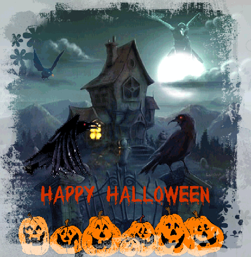 Анимация Светильники из тыквы на фоне ворон и старого дома (Happy Halloween), Lush@, гифка Светильники из тыквы на фоне ворон и старого дома (Happy Halloween), Lush@