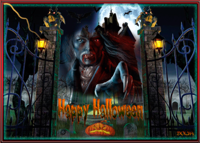 Анимация Праздник хеллоуин, на фоне замка, неба и луны, за воротами монстр протягивает руку, гифка Праздник хеллоуин, на фоне замка, неба и луны, за воротами монстр протягивает руку