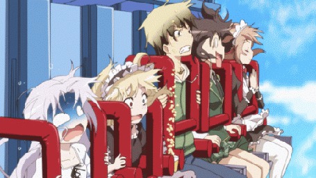 Анимация Персонажи аниме У меня мало друзей / Boku wa Tomodachi ga Sukunai на аттракционе летят вниз