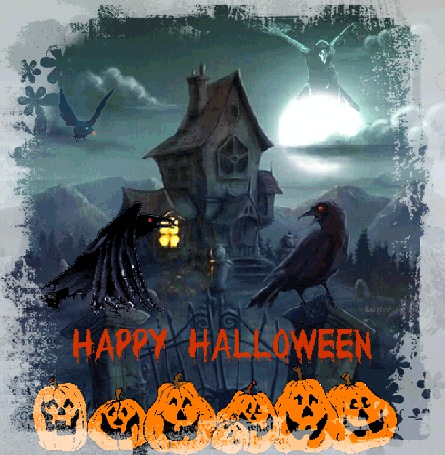 Анимация Светильники из тыквы на фоне ворон и старого дома (Happy Halloween), Lush@