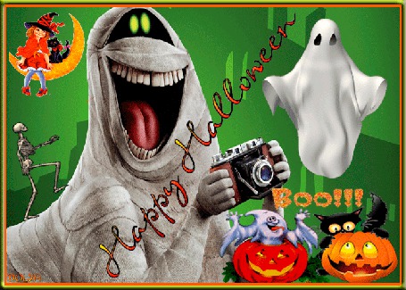 Анимация Праздник хеллоуин, на луне катается ведьмочка, привидение с фотоаппаратом, тыквы