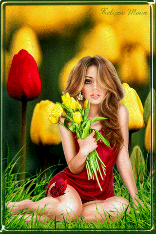 Анимация Красивая девушка сидит на траве с желтыми тюльпанами в руке, Eclipse Moon, гифка Красивая девушка сидит на траве с желтыми тюльпанами в руке, Eclipse Moon