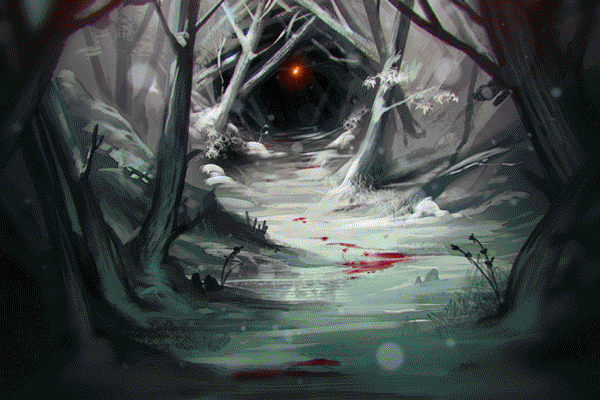 Анимация В конце заснеженной лесной тропинки со следами крови, в темноте, качается подвешенный горящий фонарь, гифка В конце заснеженной лесной тропинки со следами крови, в темноте, качается подвешенный горящий фонарь