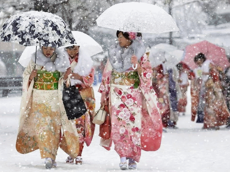 Анимация Японские девушки идут по улице с зонтами под снегом, гифка Японские девушки идут по улице с зонтами под снегом