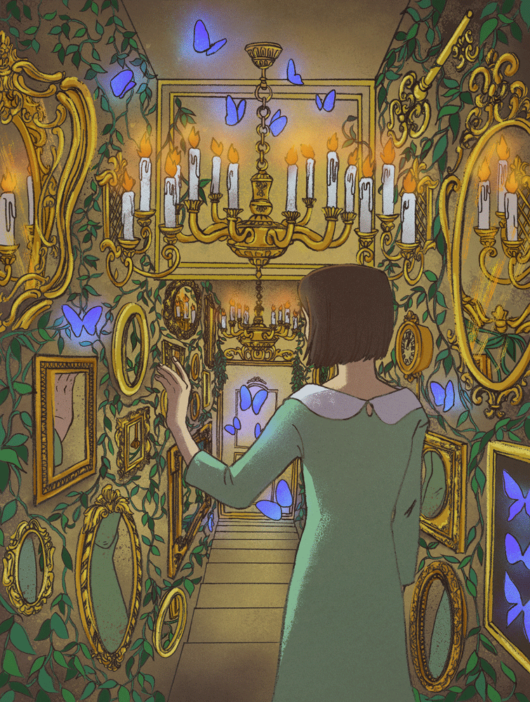 Анимация Девушка в коридоре полном зеркал и бабочек, гифка Девушка в коридоре полном зеркал и бабочек