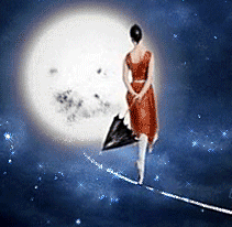 Анимация Девушка с зонтом в красном платье стоит на канате, покачиваясь, на фоне звезд и полной луны, гифка Девушка с зонтом в красном платье стоит на канате, покачиваясь, на фоне звезд и полной луны