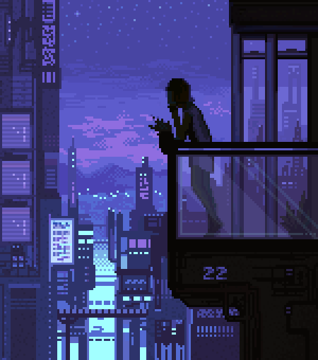 Анимация Девушка стоит на балконе на фоне ночного города, by pixelMewr, гифка Девушка стоит на балконе на фоне ночного города, by pixelMewr
