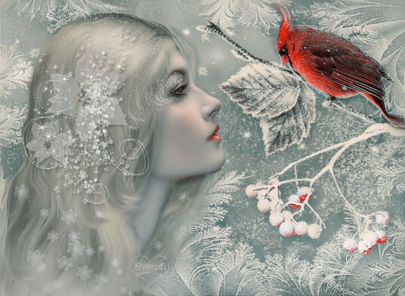 Анимация Девушка с серебряным цветком в волосах смотрит на красную птицу на ветке, SVeraS, гифка Девушка с серебряным цветком в волосах смотрит на красную птицу на ветке, SVeraS