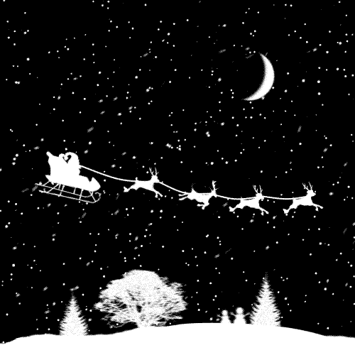 Анимация Санта Клаус с оленями пролетает над деревьями, гифка Санта Клаус с оленями пролетает над деревьями