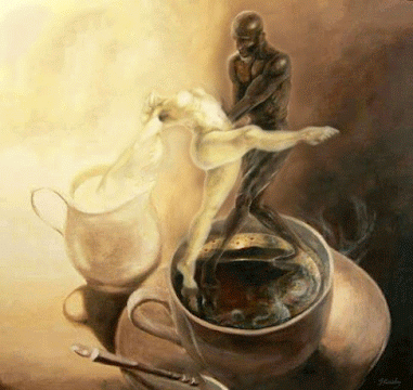 Анимация Парень и девушка в образах кофе и молока погружаются в чашку на блюдце, гифка Парень и девушка в образах кофе и молока погружаются в чашку на блюдце