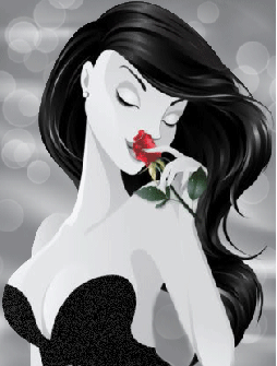 Анимация Роскошная брюнетка нюхает красную розу, гифка Роскошная брюнетка нюхает красную розу