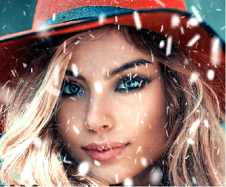 Анимация Синеглазая девушка в красной широкополой шляпе под падающим снегом, гифка Синеглазая девушка в красной широкополой шляпе под падающим снегом