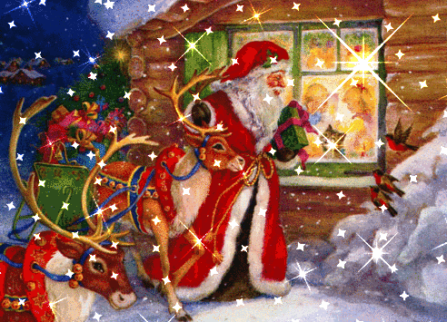 Анимация Котенок смотрит в окно на Деда Мороза с подарками, гифка Котенок смотрит в окно на Деда Мороза с подарками