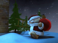 Анимация Мишка в костюме Санты влезает через дымоход и ложит под елку подарок (С Новым годом), гифка Мишка в костюме Санты влезает через дымоход и ложит под елку подарок (С Новым годом)