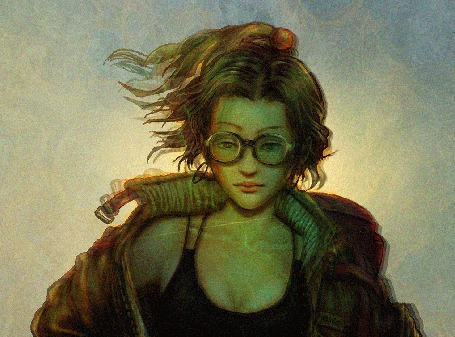 Анимация Девушка в очках стоит на ветру и в сиянии, by Coferosa