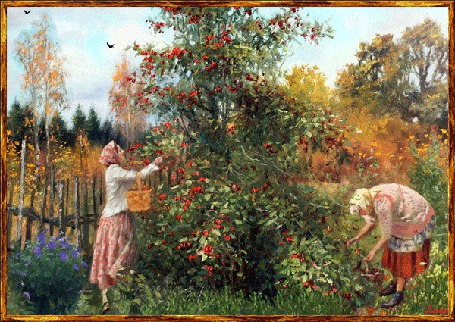 Анимация Две женщины по осени собираю ягоды с кустарника, by Leila
