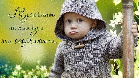 Анимация Серьезный мальчик стоит на фоне летящих белых цветов, держась за стебель бамбука, (Мужчины не плачут, они огорчаются), автор pasiqut