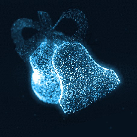 Анимация Красивые новогодние колокольчики вращаются на черном фоне со снежинками