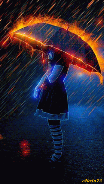 Анимация Девочка укрывается под зонтом от огненного дождя, by Akela73, гифка Девочка укрывается под зонтом от огненного дождя, by Akela73