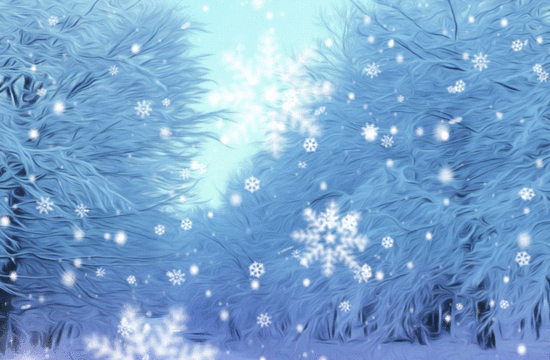 Анимация Сверкающие снежинки тихо падают на зимний лес, гифка