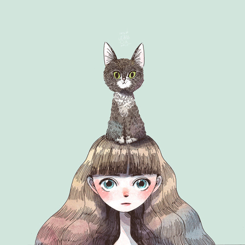 Анимация Девушка с кошкой на голове, by Littleoil, гифка Девушка с кошкой на голове, by Littleoil