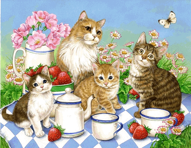 Анимация Кошка с котятами завтракают на цветочной поляне, гифка Кошка с котятами завтракают на цветочной поляне