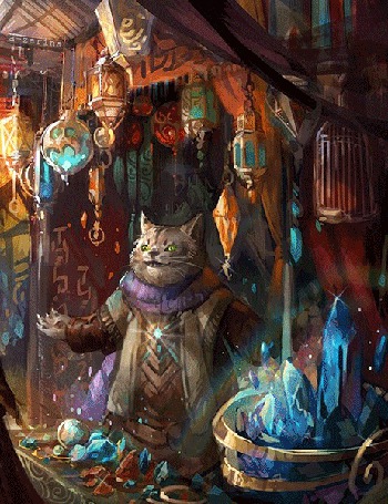 Анимация Кот-волшебник среди магических предметов