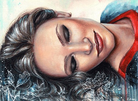 Анимация Девушка с голубыми глазами с улыбкой на губах, by L. Grina