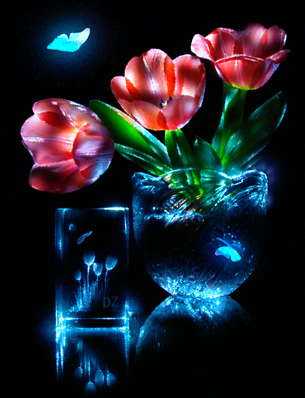 Анимация Красные тюльпаны с зелеными листьями стоят в чаше с водой, рядом красиво оформленный стакан и парящие бабочки, все предметы и бабочки подсвечены голубым цветом, автор DiZa, гифка Красные тюльпаны с зелеными листьями стоят в чаше с водой, рядом красиво оформленный стакан и парящие бабочки, все предметы и бабочки подсвечены голубым цветом, автор DiZa