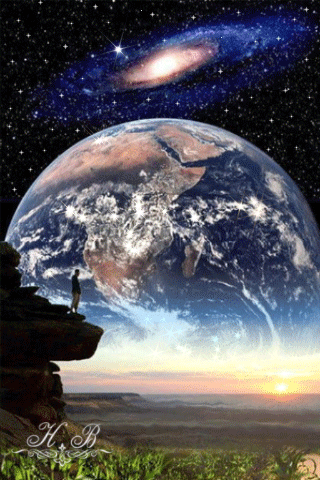 Анимация Человек на фоне планеты и мерцающих звезд стоит на краю обрыва, by H. B, гифка Человек на фоне планеты и мерцающих звезд стоит на краю обрыва, by H. B