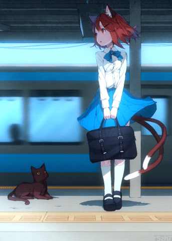 Анимация Чен / Chen из Тохо / Touhou стоит с сумкой в метро, рядом лежит кот, гифка Чен / Chen из Тохо / Touhou стоит с сумкой в метро, рядом лежит кот