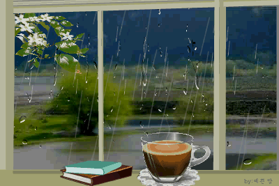 Анимация Чашка горячего кофе и книги на окне, за которым идет дождь, гифка Чашка горячего кофе и книги на окне, за которым идет дождь