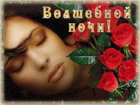 Анимация Девушка спит на фоне красных роз в золотой рамочке (Волшебной ночи!)