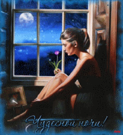 Анимация Девушка сидит с цветком в руке у окна на фоне ночного неба с луной и падающими звездами (Чудесной ночи!)