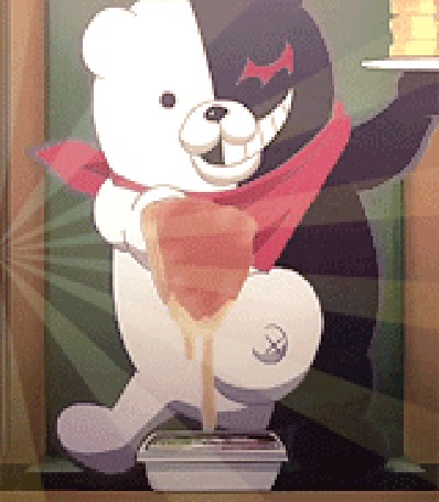 Анимация Монокума / Monokuma из аниме Школа надежды и безнадежные школьники / Danganronpa: Kibou no Gakuen to Zetsubou no Koukousei с пирожными