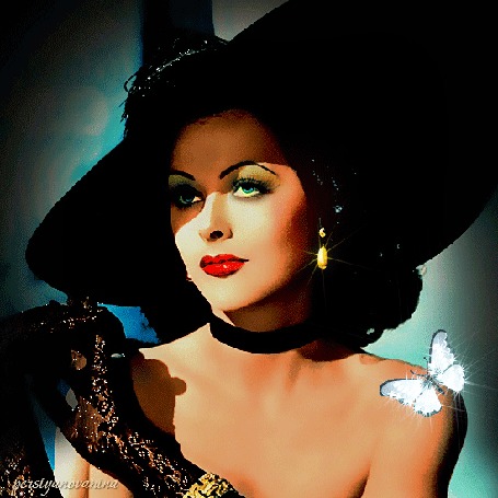 Анимация Актриса Hedy Lamarr / Хеди Ламарр в шляпе с бабочкой на плече