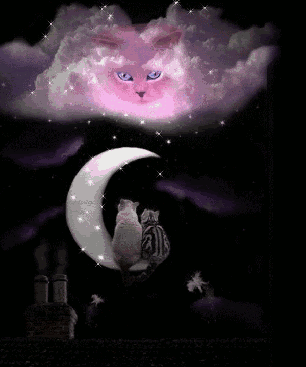 Анимация Коты сидят на луне и смотрят на облако с котом, гифка Коты сидят на луне и смотрят на облако с котом