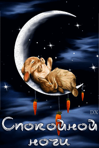 Анимация Два кролика спят на месяце, на фоне звездного неба с движущими облаками (Спокойной ночи), гифка Два кролика спят на месяце, на фоне звездного неба с движущими облаками (Спокойной ночи)